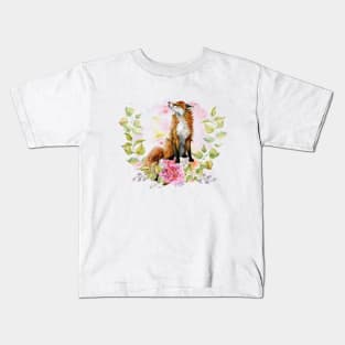 Fox And Hydrangea Flowers Kids T-Shirt